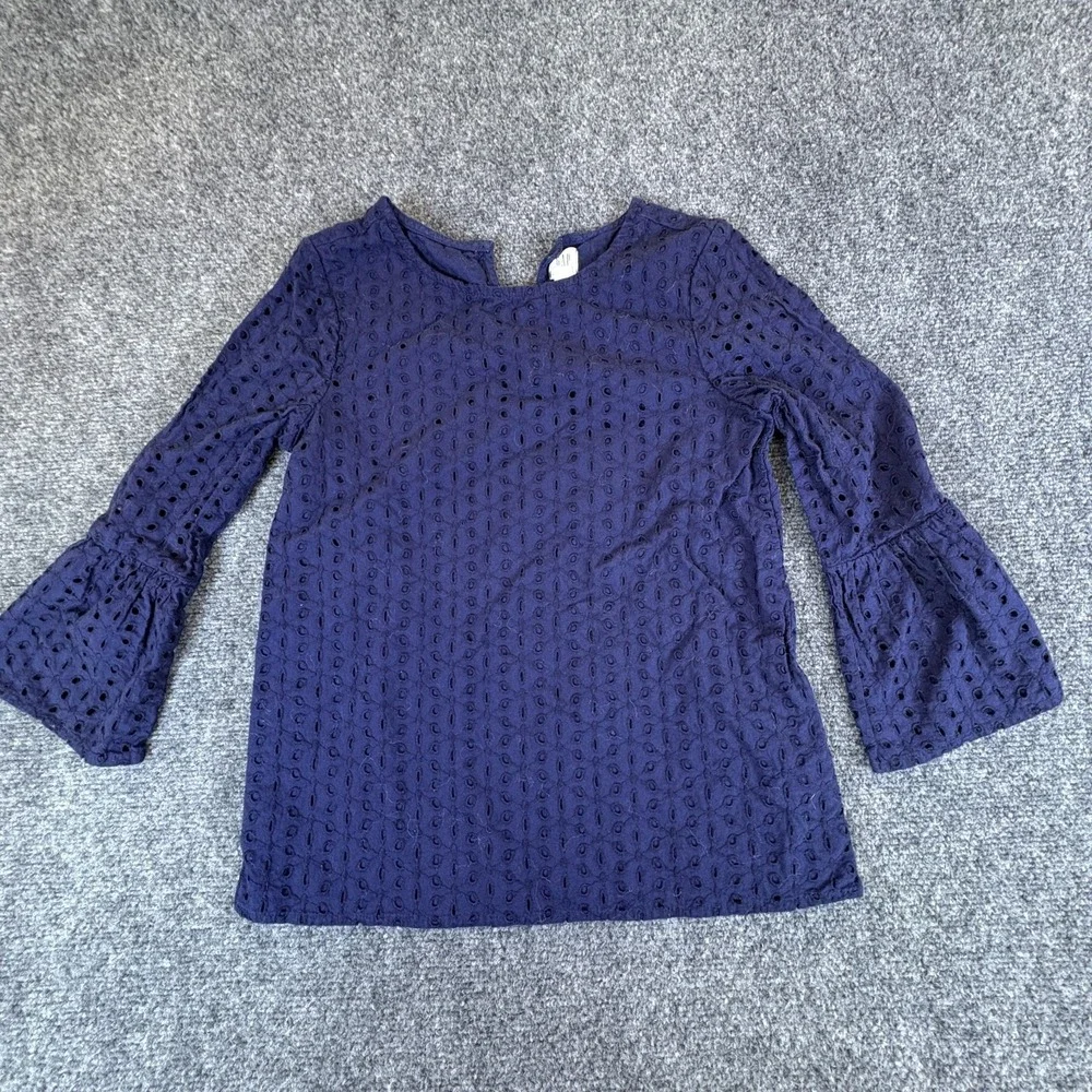Gap Top Kids XL 12‎ Navy Blue Cotton Eyelet Bell Sleeve Crew Neck Keyhole Back